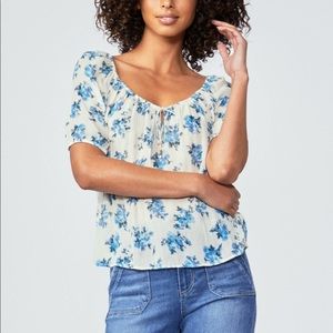 Paige Franciska Top - Silk blouse with blue floral print/sweetheart neckline